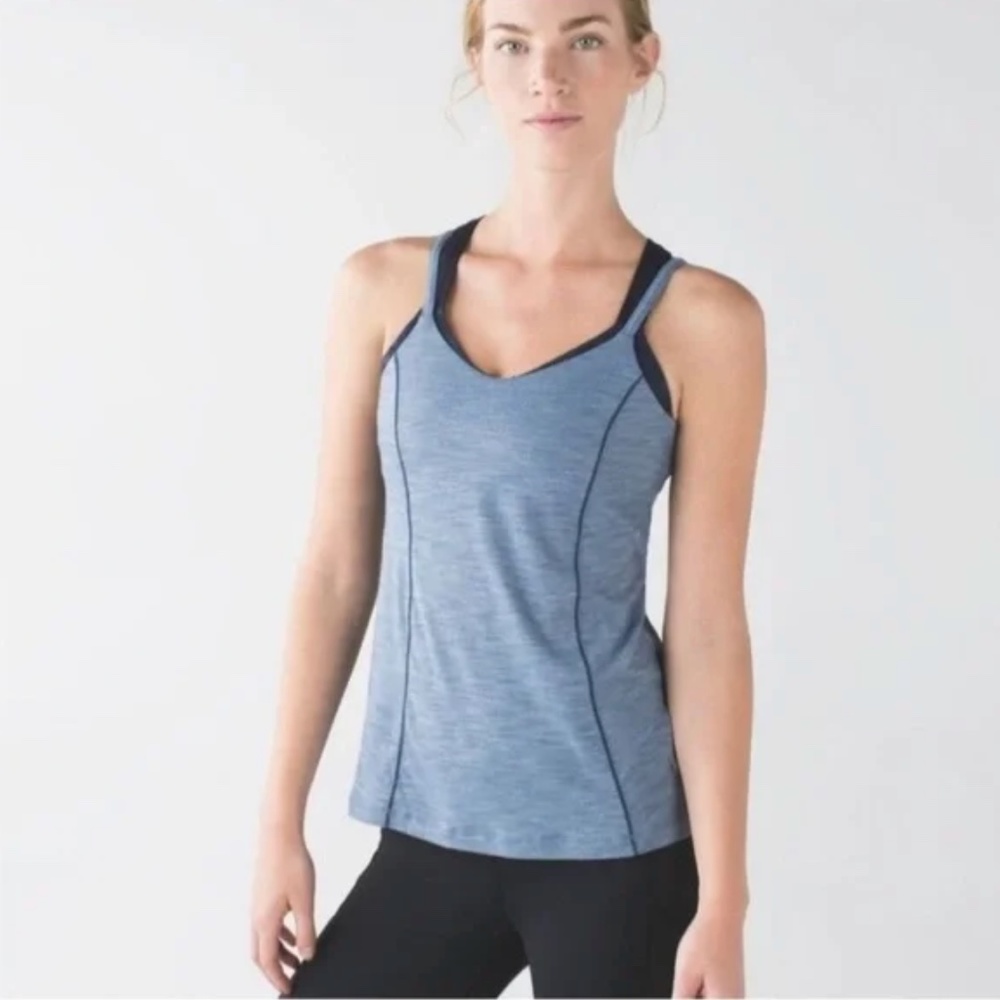 LULULEMON Run for Gold Tank Double Layer Top Crossover Sports Bra Blue Size 4
